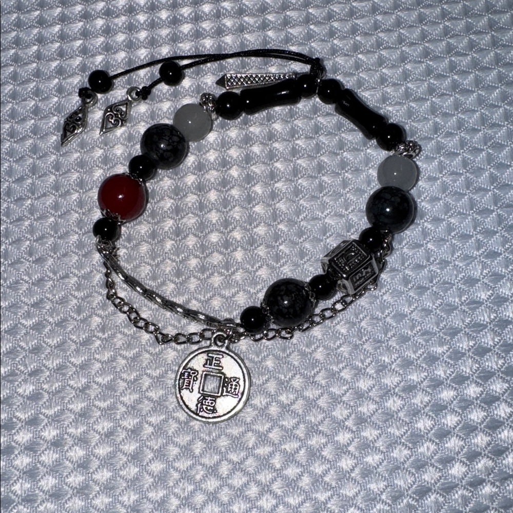 BOHO Bracelet Asian Coin Glass Bead Silver Detail Chain Stretch 6”- 6.5” New